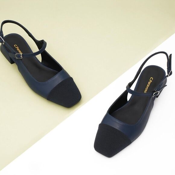 C.Paravano Navy Leather Square Toe Slingback Flats - Picture 1 of 9